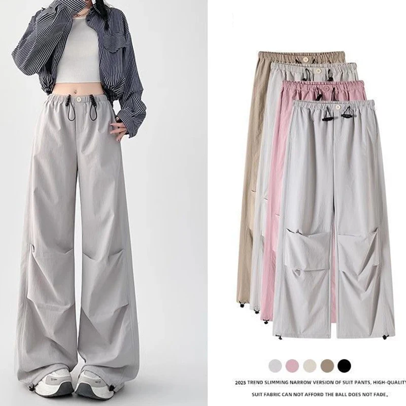 กางเกงขายาวทรงตรงสไตล์คลาสสิกสำหรับผู้หญิง เอวสูง ทรงหลวม สีพื้น ขายดี กางเกงคาร์โก้ลำลองสำหรับผู้หญิง