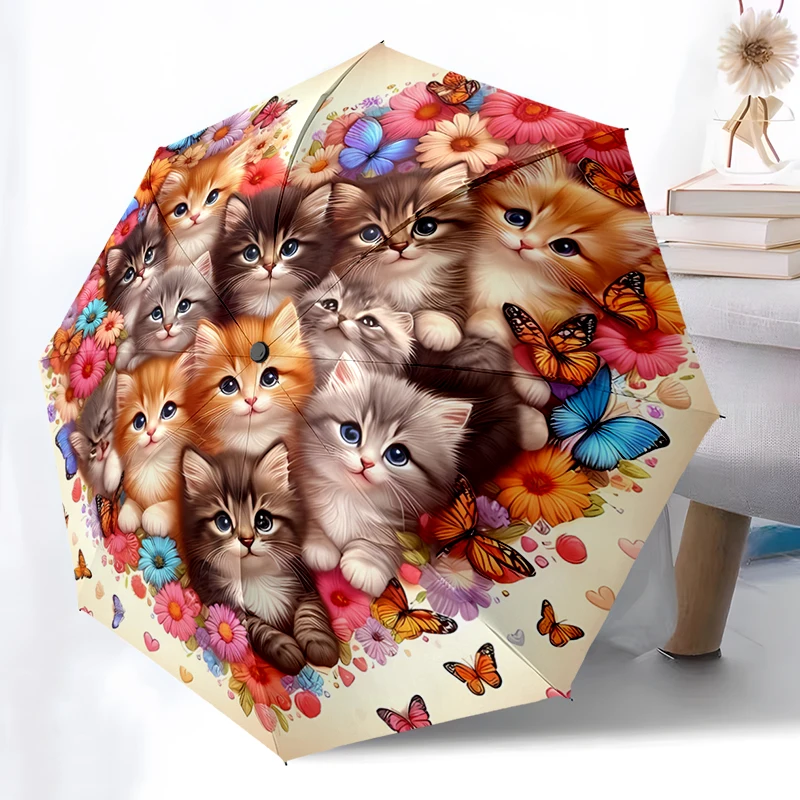 Cat Theme Folding Umbrella - Fashionable Auto-Open Design 8 Iron Ribs Plastic Handle Foldable Sunshade Perfect Christmas Gifts