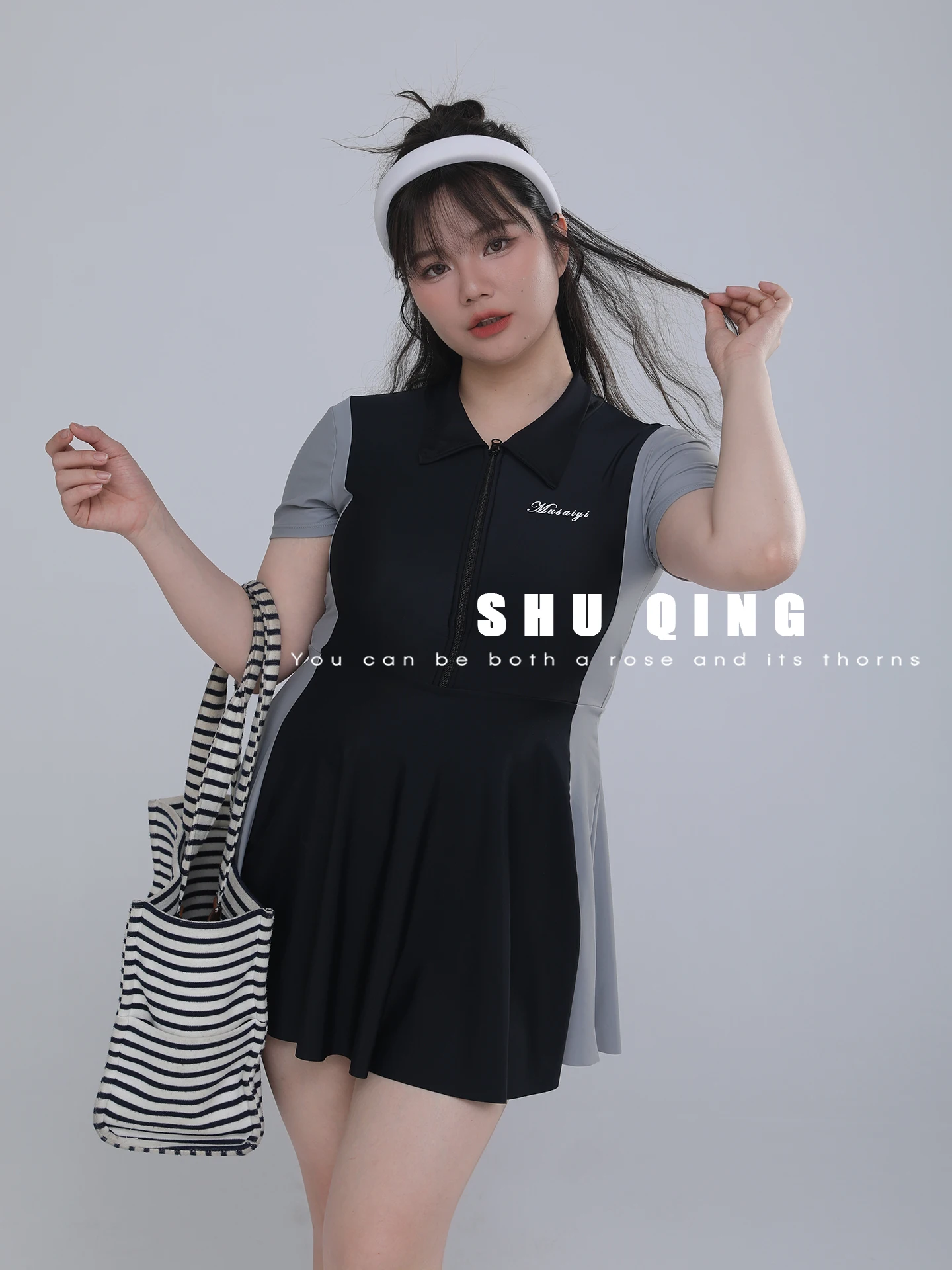 

Shu Qing plus Size Swimsuit Summer Fashion Color Block Zipper Bikini Women's High Waist Cover up Large Size Swimming Suit