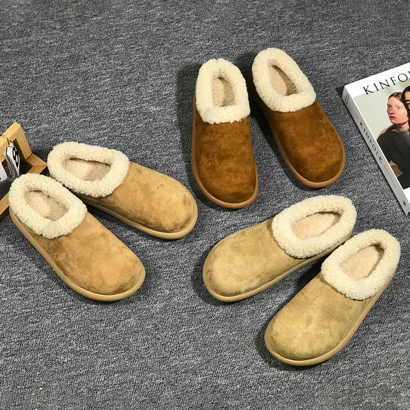 

Men's Retro Winter Cotton Slippers Cow Suede Genuine Leather Waterproof Anti-Slip Thermal Fur Lined Comfortable Soft Sole Shoes