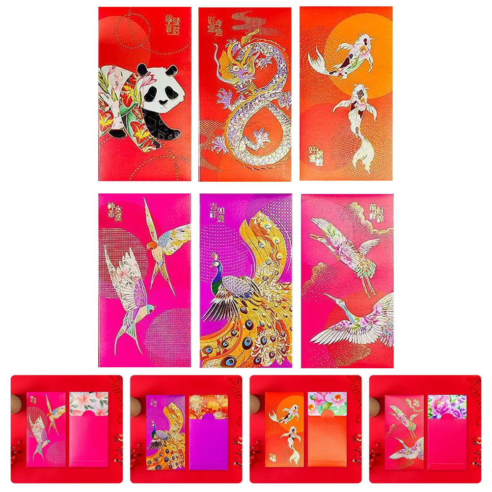 6 Pcs 2024 New Year Red Envelope Money Pocket Paper Envelopes Creative Chinese Style Packet For