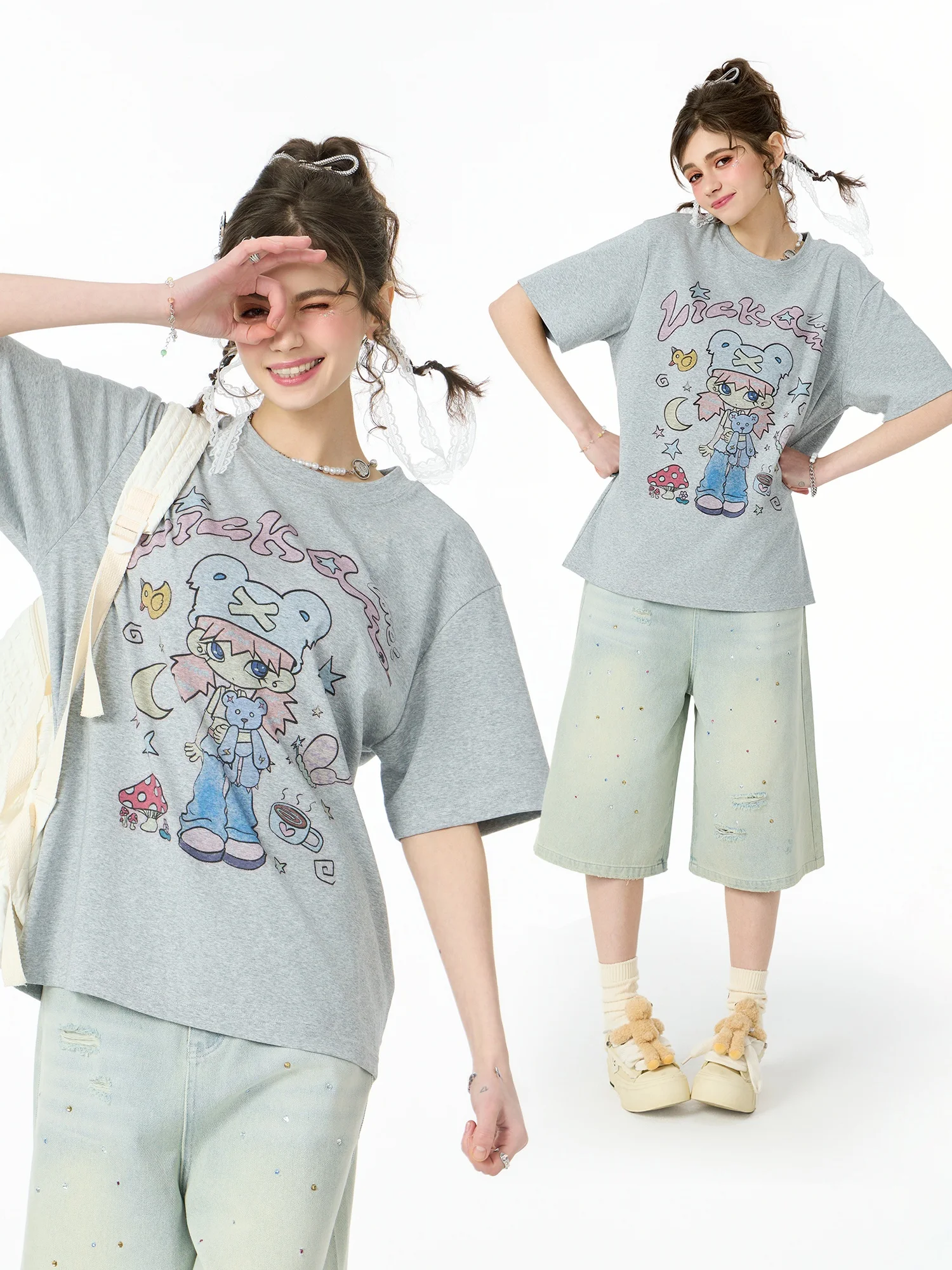 Camiseta de Verano Licka Girl para Mujer, Holgada, de Manga Corta, con Estampado de Dibujos Animados, Versátil, Moderna, Delg...
