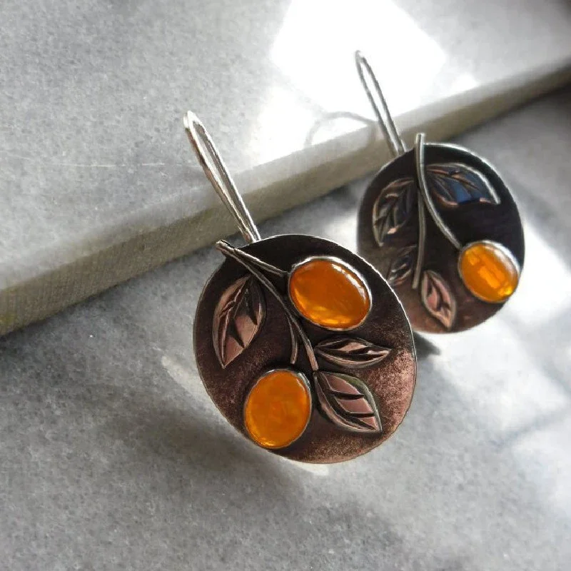 Vintage Silver Color Leaf Orange Stone Earring Engraved Oval Metal Plant Hook Earrings for Women Jewelry