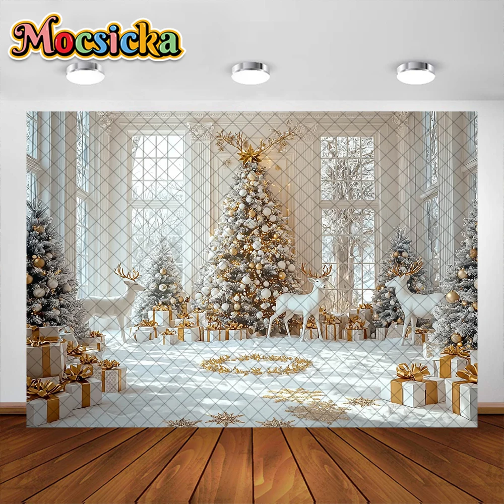 الشتاء عيد الميلاد خلفية التصوير الفوتوغرافي للأطفال ، شجرة عيد الميلاد الذهبية ، نافذة الديكور ، صورة عطلة ، خلفيات الصورة ، استوديو الدعامة