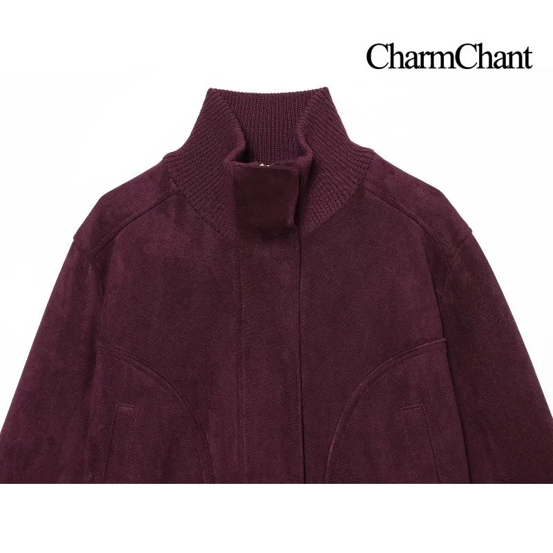 CHARMCHANT Women's Cropped Suede Bomber Jacket Ribbed Knit Trim Zip Up Stand Collar Outerwear For Daily Street Casual Fall 2026