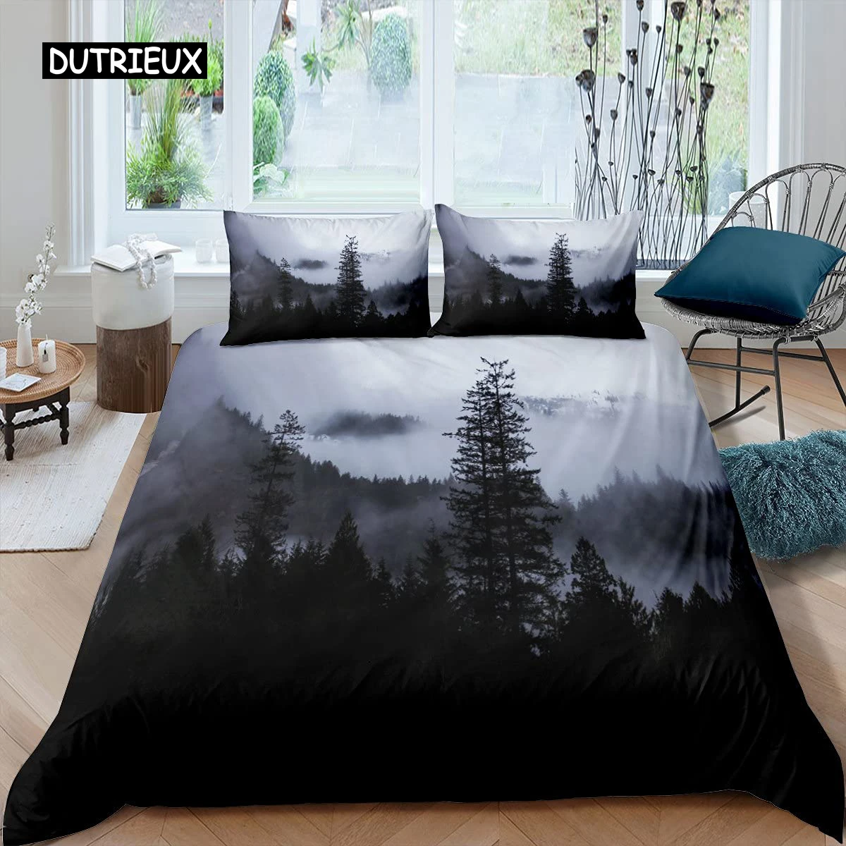 

Smoky Mountain Duvet Cover Set Pine Trees Comforter Cover Boys Landscape Quilt Cover Natural Scenery Art Polyester Bedding Set