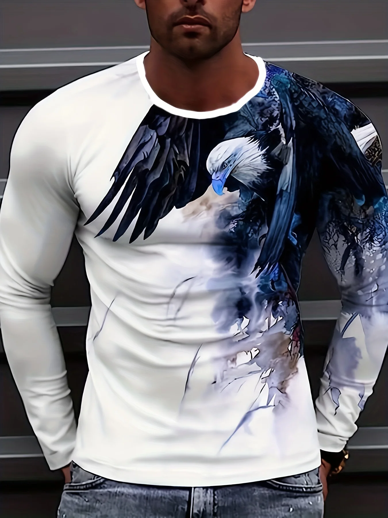 Fall Large Size Long Sleeve Men\'s Clothing T Shirt Cubic Animal Print O Neck Long Sleeve Top Casual Street Eagle Vintage Shirt