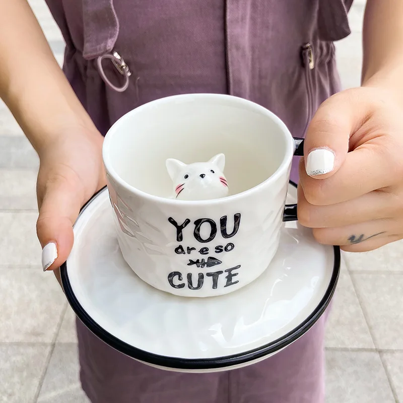 Creative Cute Cat Milk Cup Three-Dimensional Cartoon Ceramic Coffee Mug Korean Style Fashion Office Water Cups 2022