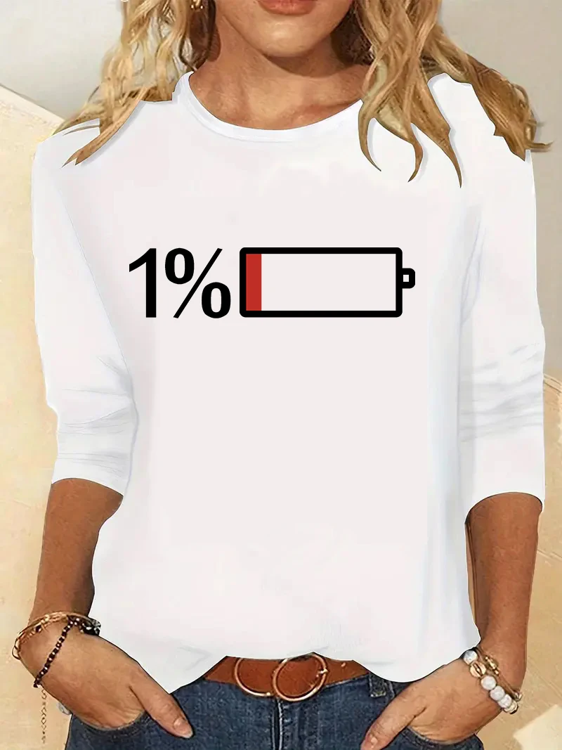 Fashion Low Battery Print  Long Sleeve Shirt Vintage T Shirt Women's Print T-Shirt Crew Neck Top Tee Tshirt Casual