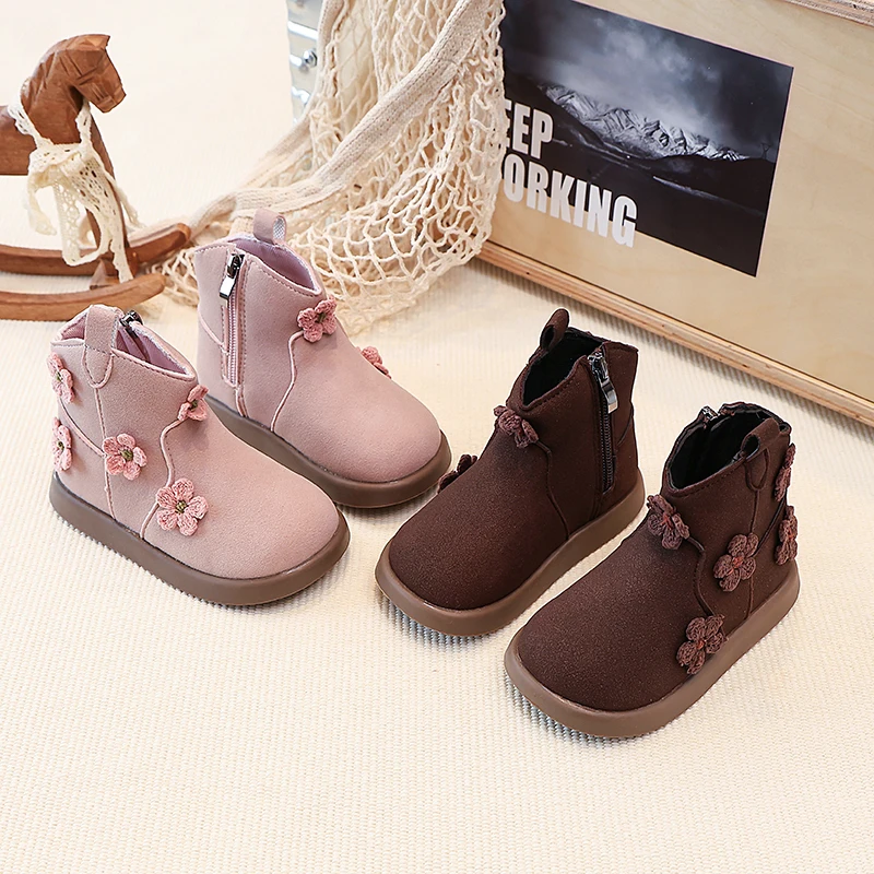 

Children's Fashion Suede Ankle Boots - Pink & Brown, Flower Applique Decor, Side Zipper Cute Toddler Booties Kids Shoes for Girl
