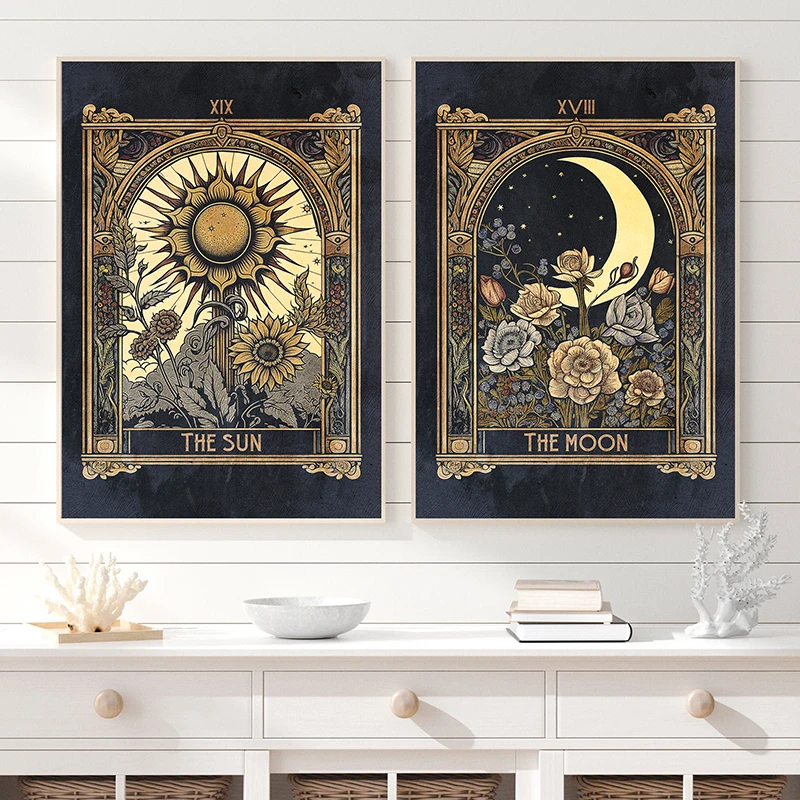 Tarot Card Sun and Moon Poster Antique Mystical Wall Art Canvas Painting Prints Witchy Wall Pictures Tarot Home Room Decoration