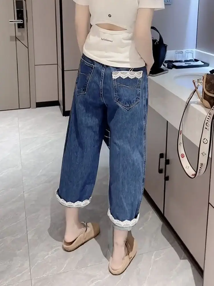 

2025 Summer New Wide Leg Jeans Women's Casual Lace Splicing Thin Eight Leg Pants Casual Straight Legs