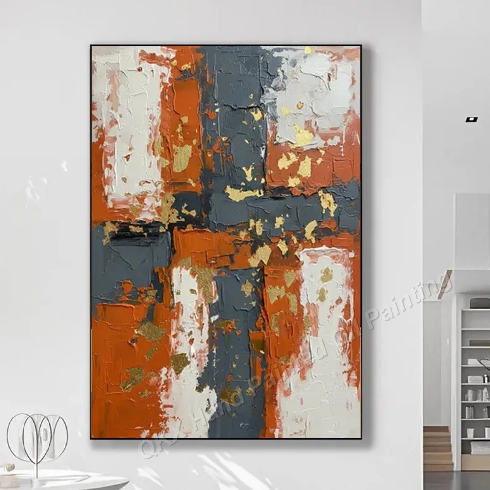 Hand-Painted Burnt Orange Gold Foil Impasto Abstract Oil Painting on Canvas - Vertical Wall Art Decor for Living Room