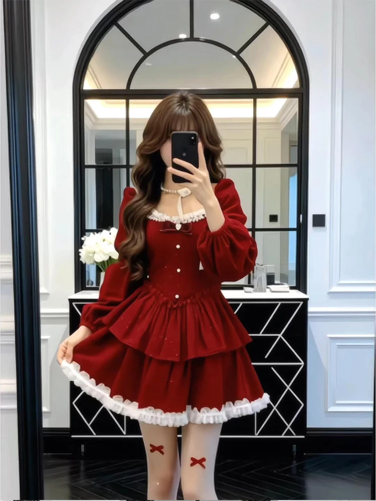 

SYJ Sweet Sle Velvet Dr with Knot Waist Cinching ort Skirt for Women Autumn Winter Faionable Baking Dr