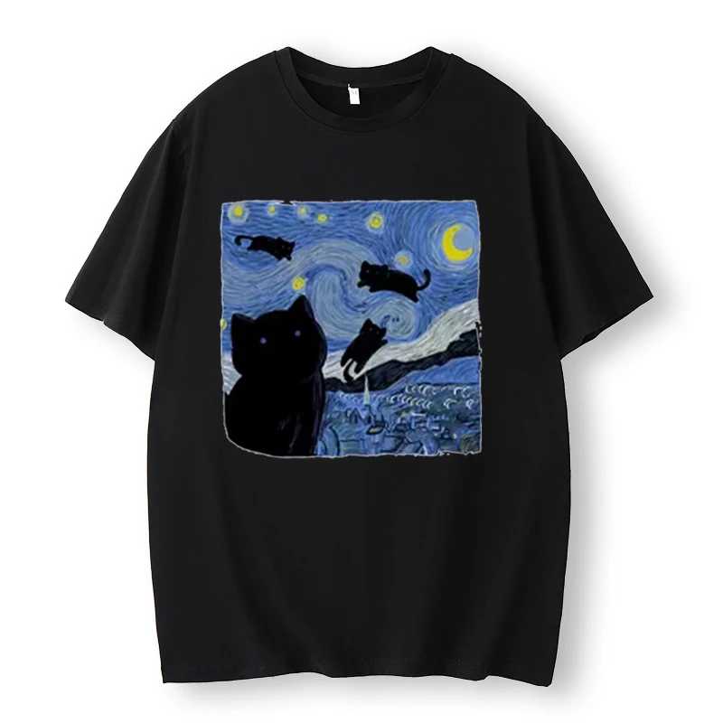 Starry Night Cat Oversized T-Shirt, Van Gogh Style Cat Artist Cat Mom, Vincent Cat Van Gogh T-Shirt, Irls,Vintage T-Shirt,Unisex