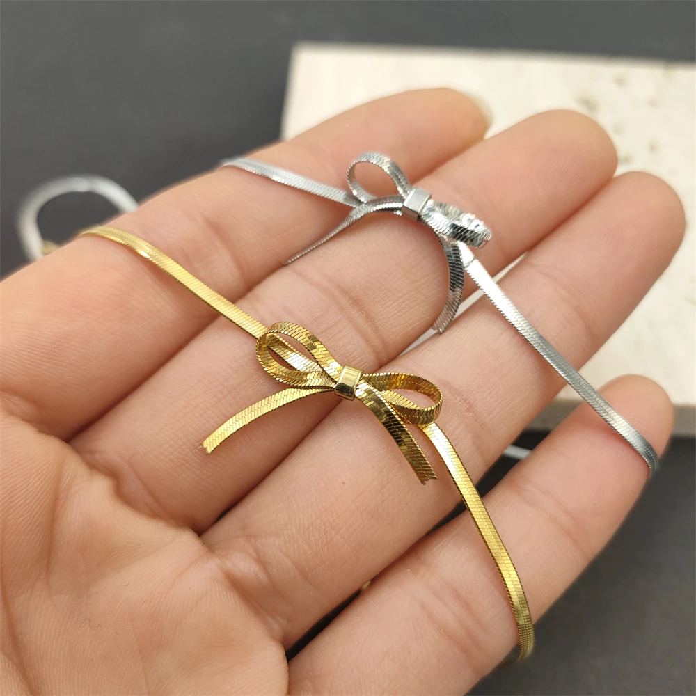 Ожерелье с бантом в елочку, кокетка, ювелирные изделия, колье из нержавеющей стали с лентой, ожерелья для женщин и девочек, праздничный подарок, цепочка в виде змеи, подвеска