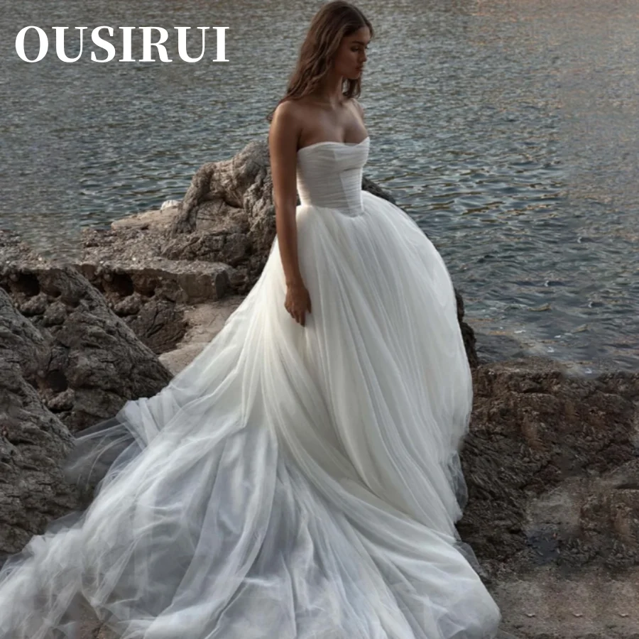 

OUSIRUI Simple Tulle Hollow Out Corset Tops Bridal Gowns A-Line Wedding Dresses Strapless Ruched Sweep Train свадебное платье