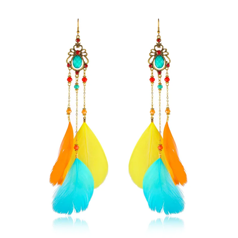 Neue Böhmische Kristall Kupfer Kette Feder Lange Tropfen Ohrringe für Frauen Retro Gypsy Ethnische Temperament Gold Farbe Schmuck Geschenk – Detail 1