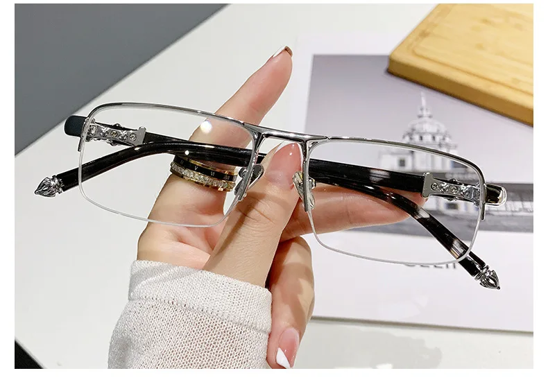 Modische Halbrahmen-Lesebrille für Männer und Frauen, hochwertige Anti-Blaulicht-Ultraleichte Presbyopie-Brille, 0+100 bis+400 – Detail 12