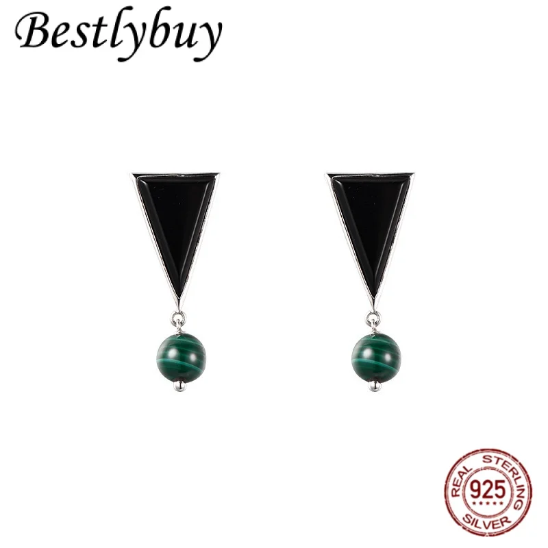 

NEW S925 Silver Fashion Triangle Black Agate Earrings Women's Retro French Design Personalized Peacock Stone Pendant Earrings