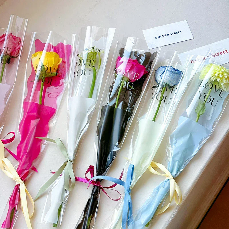 10pcs Single Rose Sleeves Flower Wrapping Bag Bouquet Packaging Bags Clear Cellophane Floral Wrappers For Valentine's Day