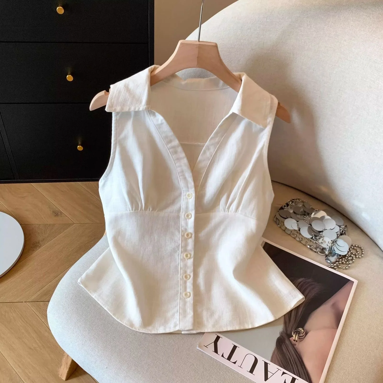 

Slim Fit White Sleeveless Shirt Women's Outerwear Summer New Style Fashionable Waist-Cinching Top Commute Style Polyester
