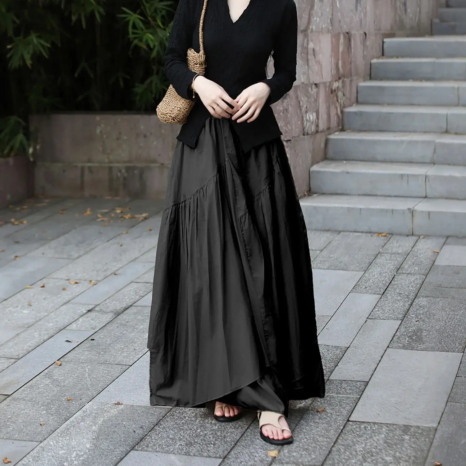 

LZJN Fall Double-Layer Pure-Cotton Full Skirt – Flowing Solid-Color Leisure Maxi Umbrella Skirt for Effortless Outing Elegance