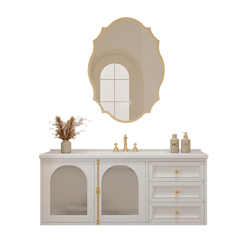 

French Cream Wind Bathroom Cabinet Integrated Basin Ceramic Basin Combined Toilet Hand Wash Table American Solid Wood Bathroom
