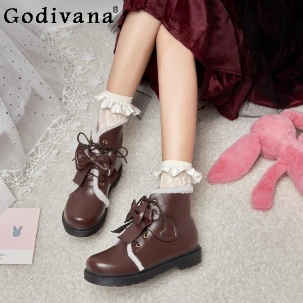 

Lolita Platform Boots Cute Student Girl Shoes Round Head Bow Kawaii Jk Uniform Snow Boot