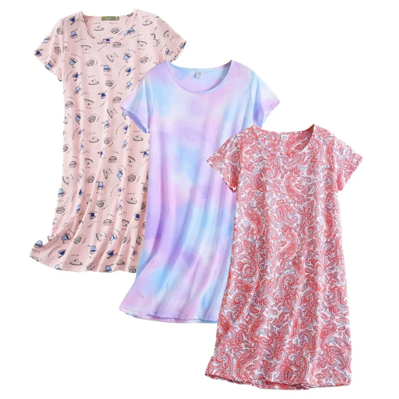 

Lady Comfortable Printed Loungewear Pajamas Nightgowns Female Sleepshirts Homewear Women O Neck Short Sleeve Sleep Dress