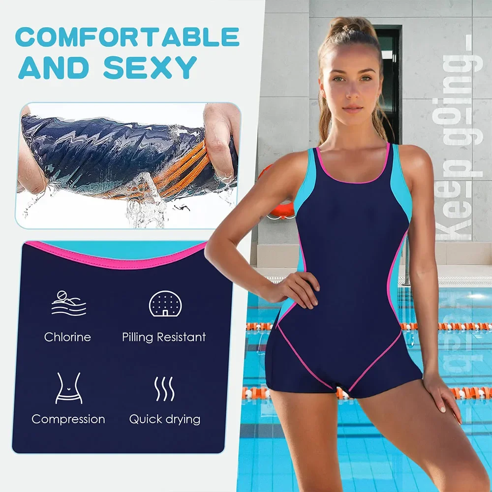 One Piece Swimsuit Women Boyleg Swimsuits for Women One Piece Tummy Control Bathing Suit Sporty Boyshorts Swimwear