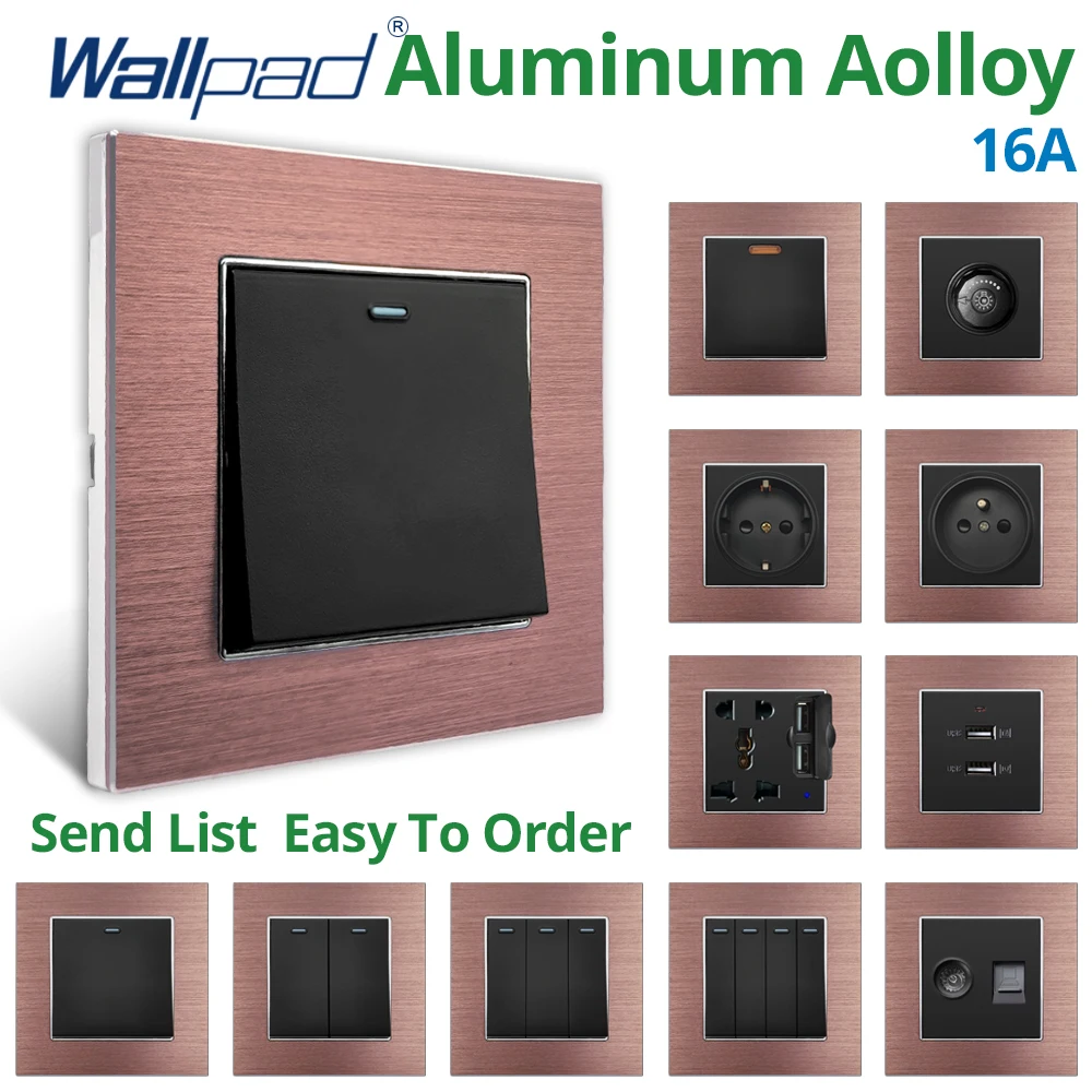 Wallpad Wall Electrical Sockets And Switches Brown Brushed Aluminum Alloy Panel EU Outlet Plug 1/2/3/4 Gang 1/2 Way