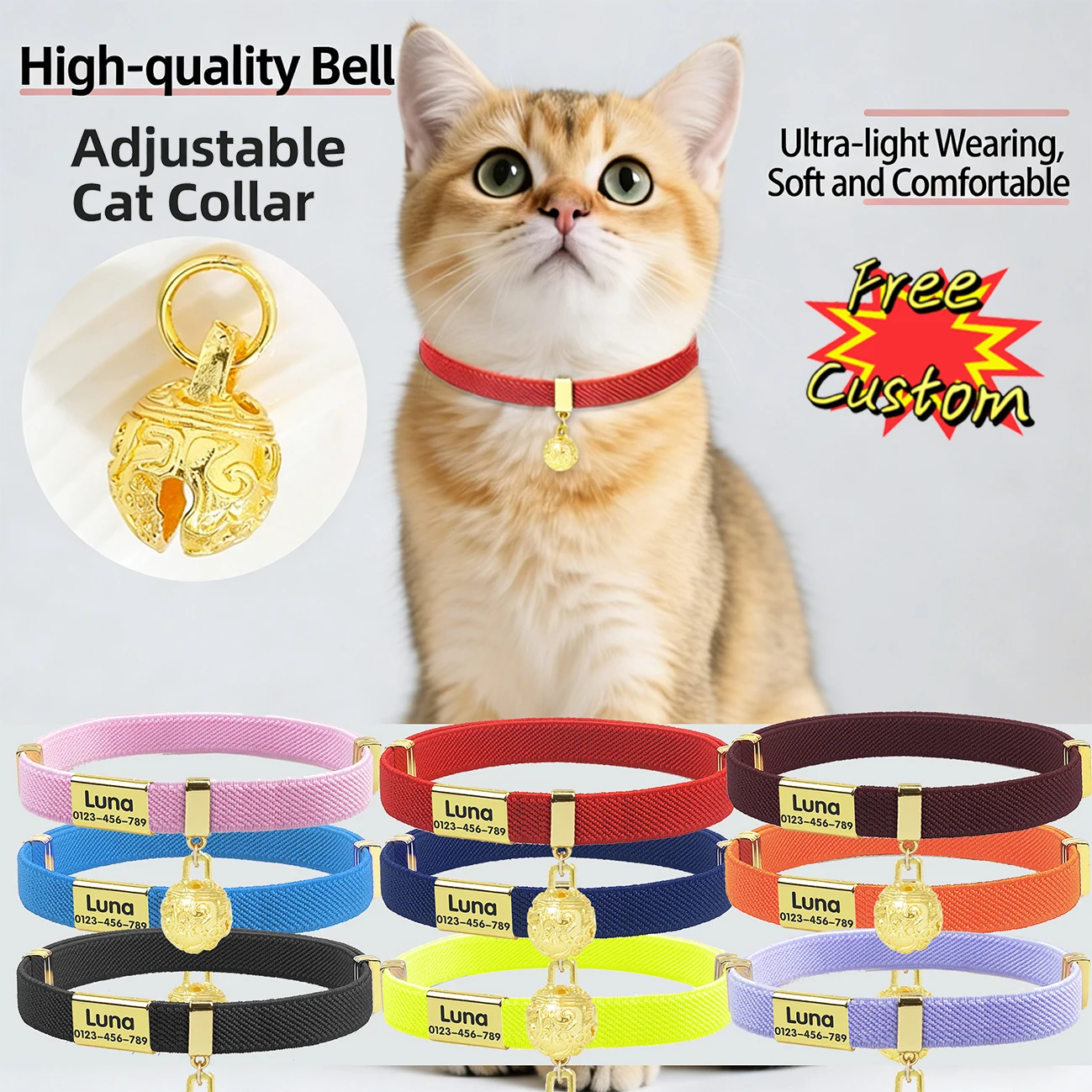 

Free Customized Cat Collar with Bell Cute Metal Necklace Pet ID Name Tag Tracker Kitten Dog Breakaway Elastic Adjustable Collars