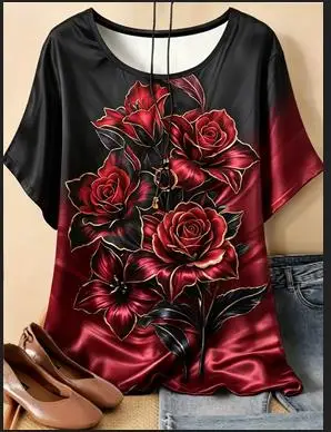 Women Red Rose Lily Gold‑Trim Floral Print T‑Shirt Short Sleeve Crew Neck Gradient Casual Loose Summer Tops