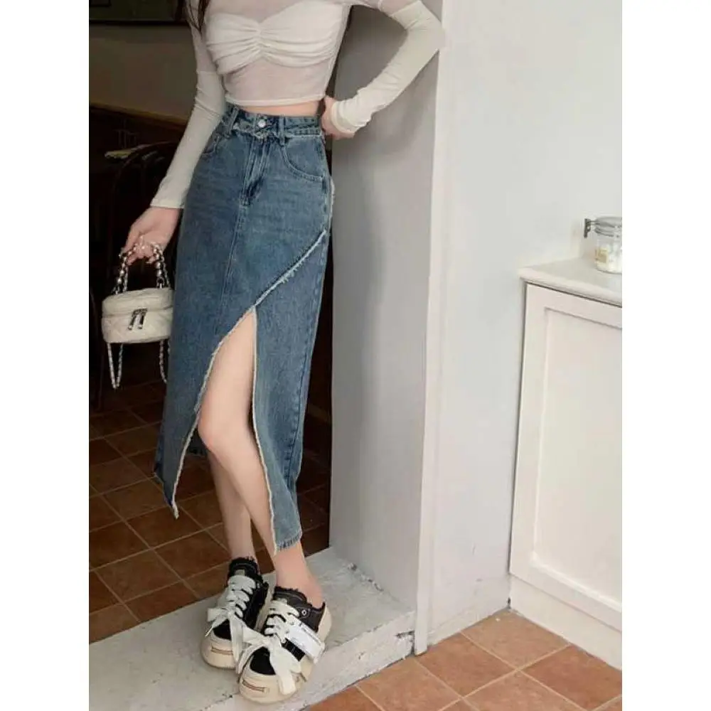 

Летняя джинсовая юбка с высокой талией и разрезом, женская дизайнерская модель 2026 года, новая ретро-юбка А-силуэта, облегающая длинная юбка