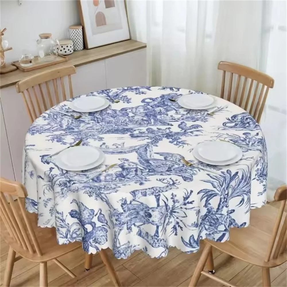 Custom Round Fitted Navy Blue Toile De Jouy Table Cloth Oilproof Tablecloth 60 inch Table Cover for Kitchen Dinning