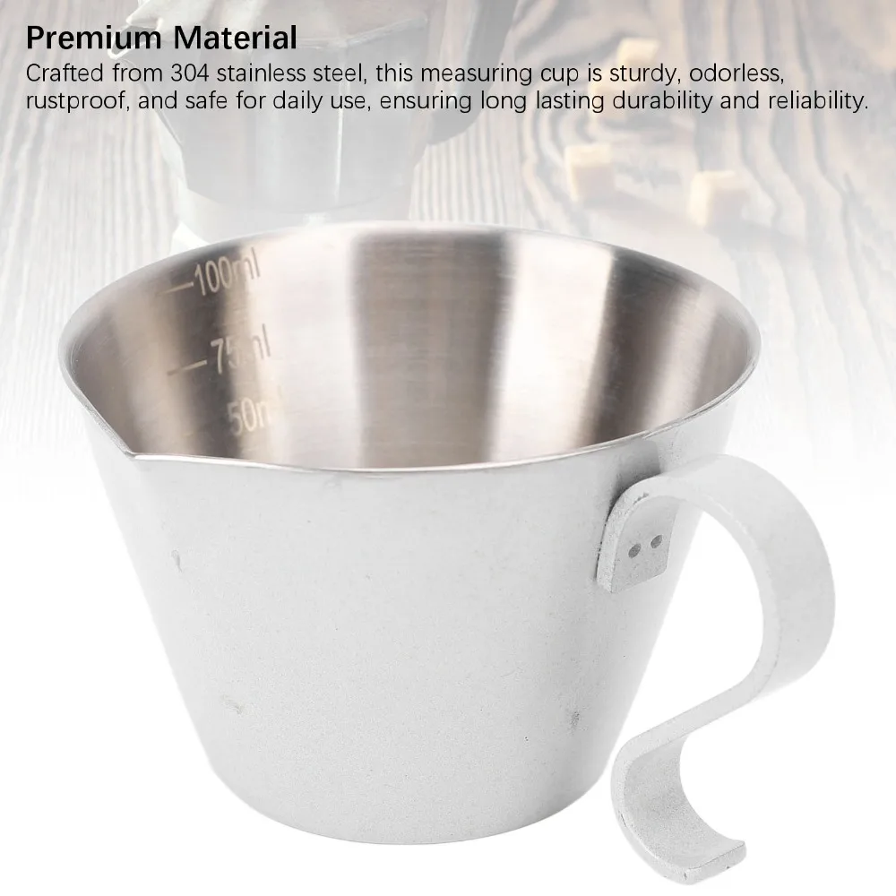 304 Stainless Steel Coffee Measuring Cup V Shaped Spout Anti Spill Design Coffee Shot Cup Etched Measurements 100ML Capacity