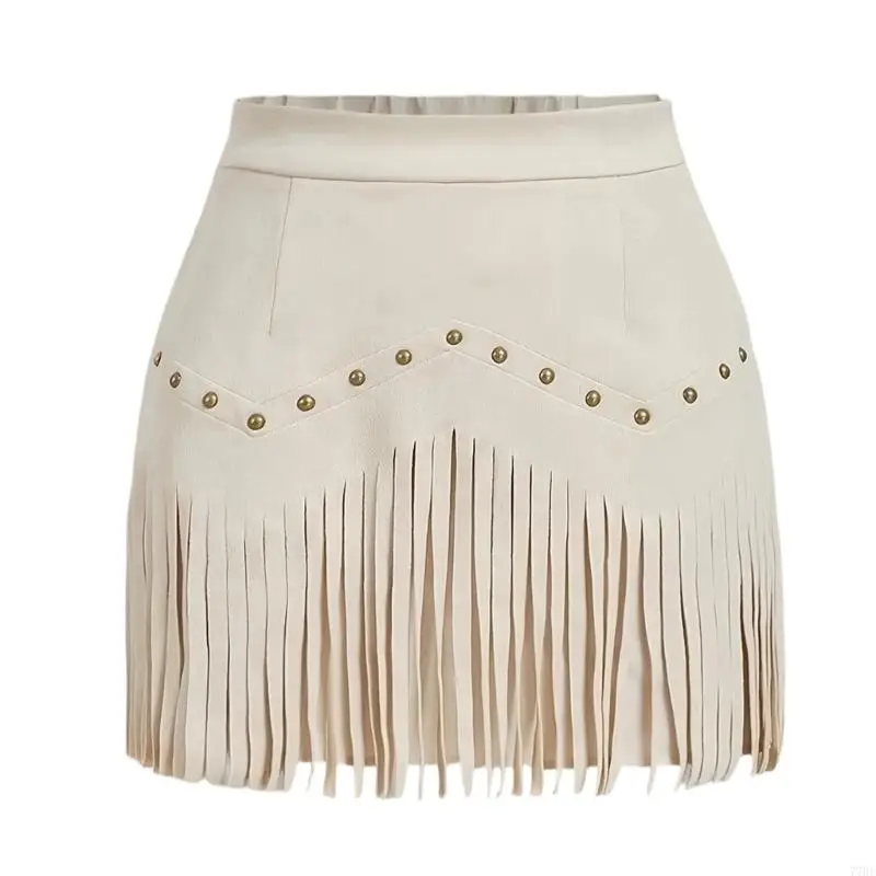 77HE Women Fringe Skirt with Rivets High Waist Elastic Western Cowgirl Skirts with Zipper Country Concert Outfit