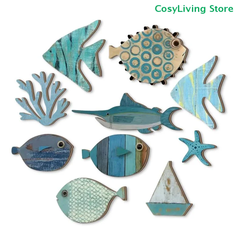 10Pcs Wooden Fish Wall Decor Hanging Beach Fish Theme Nautical Coastal Ocean Bathroom Art Home Decoration