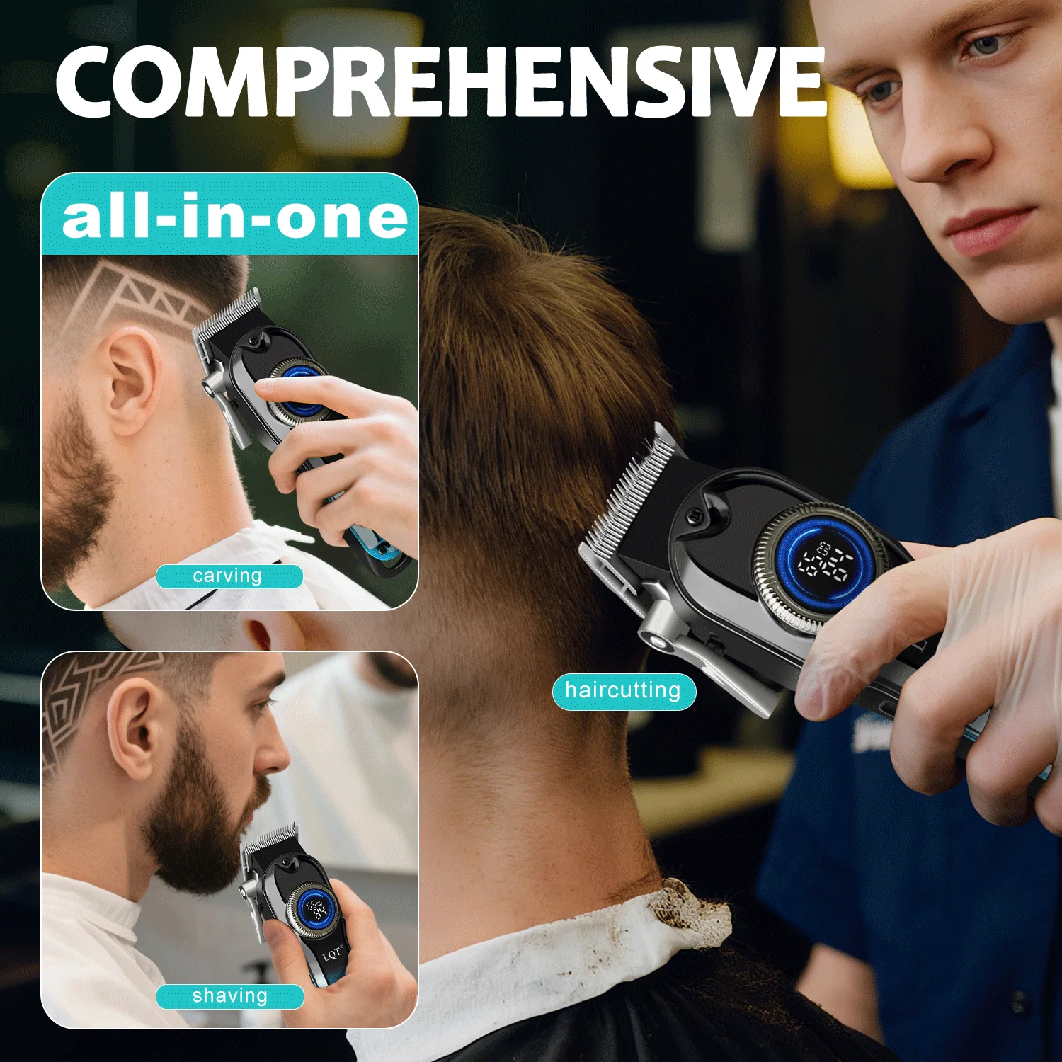 Elektrischer Haarschneider für Männer mit LCD-Bildschirm, Wiederaufladbar, Kabellos, Friseur-Haarschneideset, Elektrischer Haarschneider – Detail 12