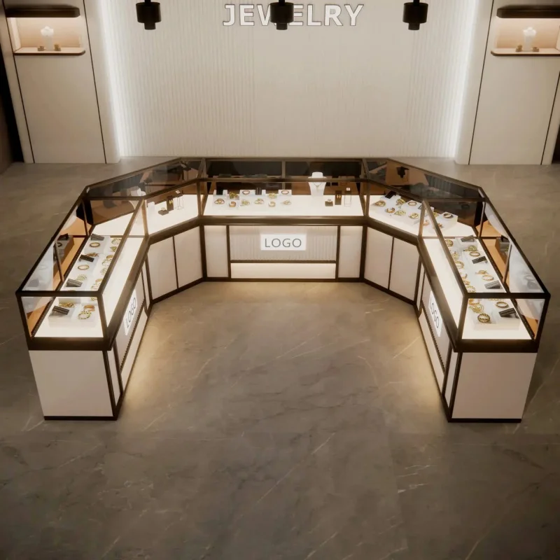 custom.VANLOCY Factory Retail Store Customizable Jewelry Glass Display Showcase with LED Lighting