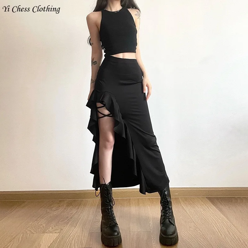 

Summer Women's Fashion European and American Style Sexy Spicy Girl Wears Irregular Edge Split Black Sweet Cool Mid length Skirt