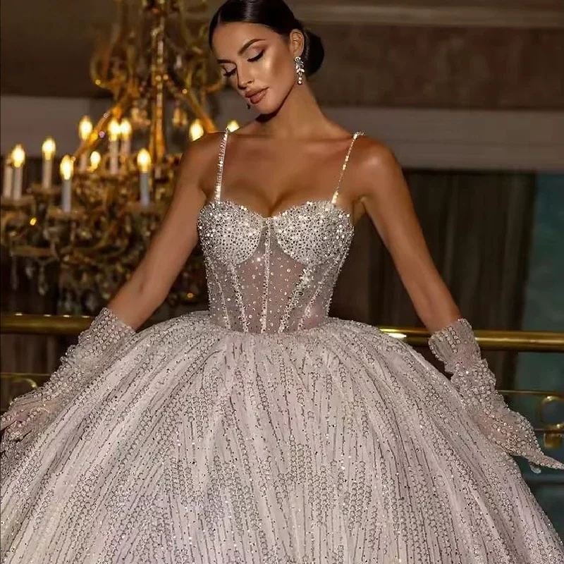 

Изысканное роскошное свадебное платье-баллон на заказ с тонкими бретелями, блестящими пайетками и бисером, свадебное платье RobeVestido De Noiva