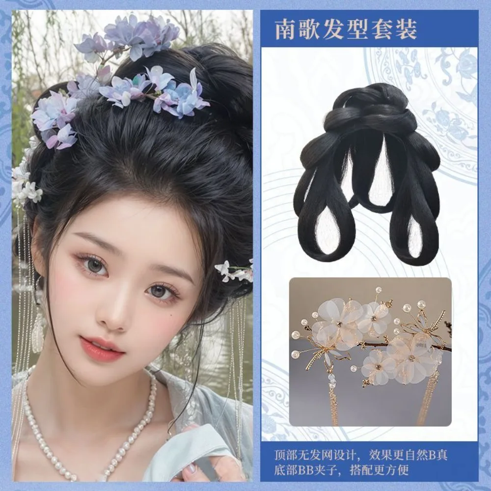 청나라 게게 헤어피스 - 장식용 빵과 끈이 있는 중국 전통 만주 한푸 가발(올인원 클립)