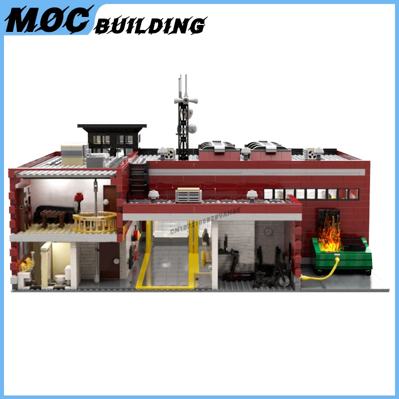 MOC City Firefighting Department Modular Fire Station Street View Building Blocks DIY Assembly Bricks Creative Construction Toys