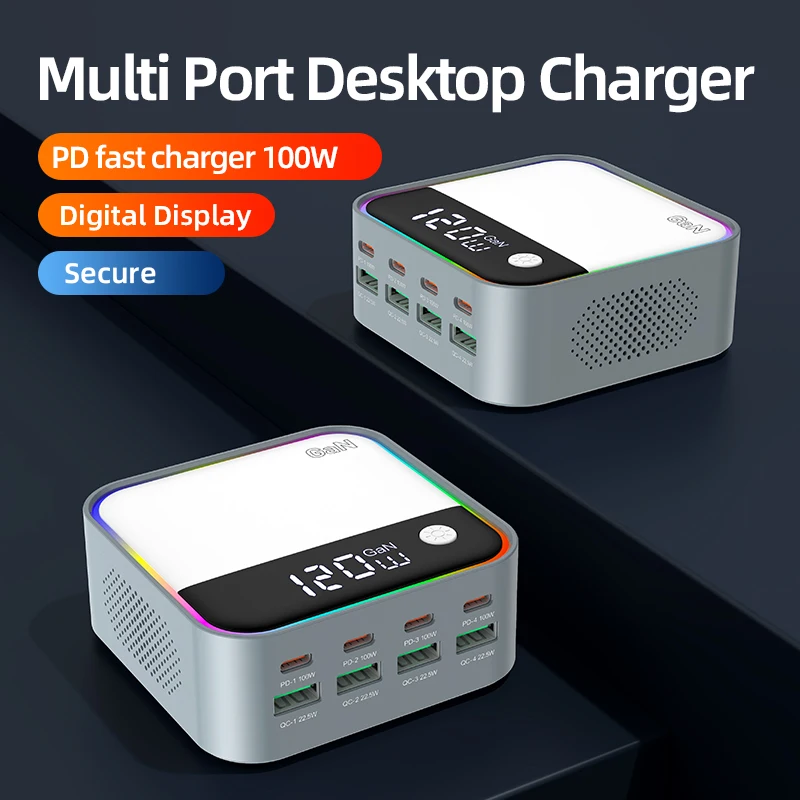 

120W GaN USB Charger Block Fast Charging MultiPort USB Charging Station with Rainbow Gradient Light & LED Display for iPhone M8