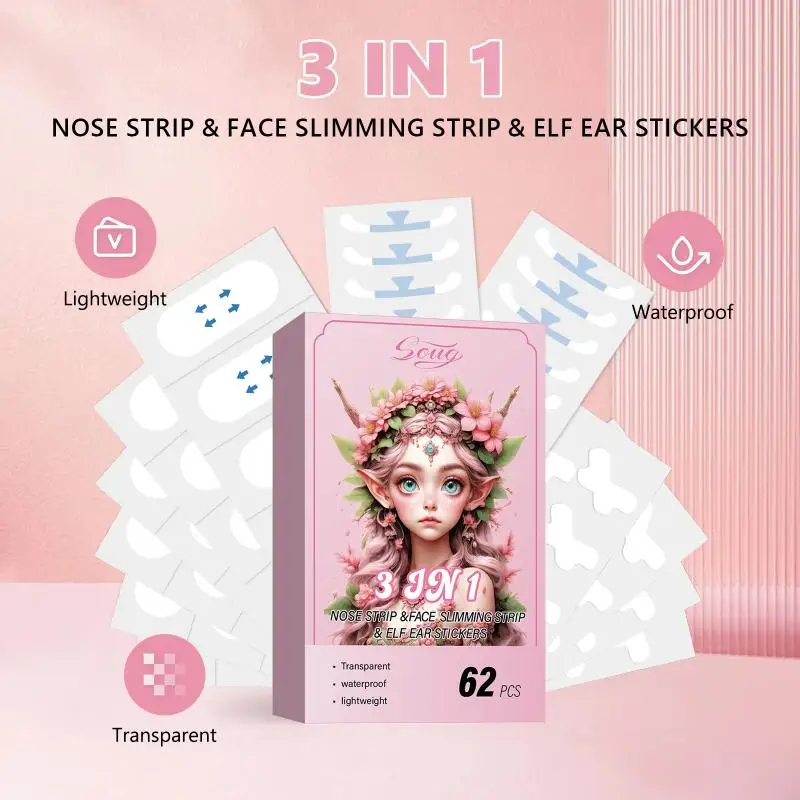 62pcs V Shape Face Lift Up Adhesive Tape Transparent Shaper Facelift Stickers Near Tapes Invisible Elf Stretchable Nose