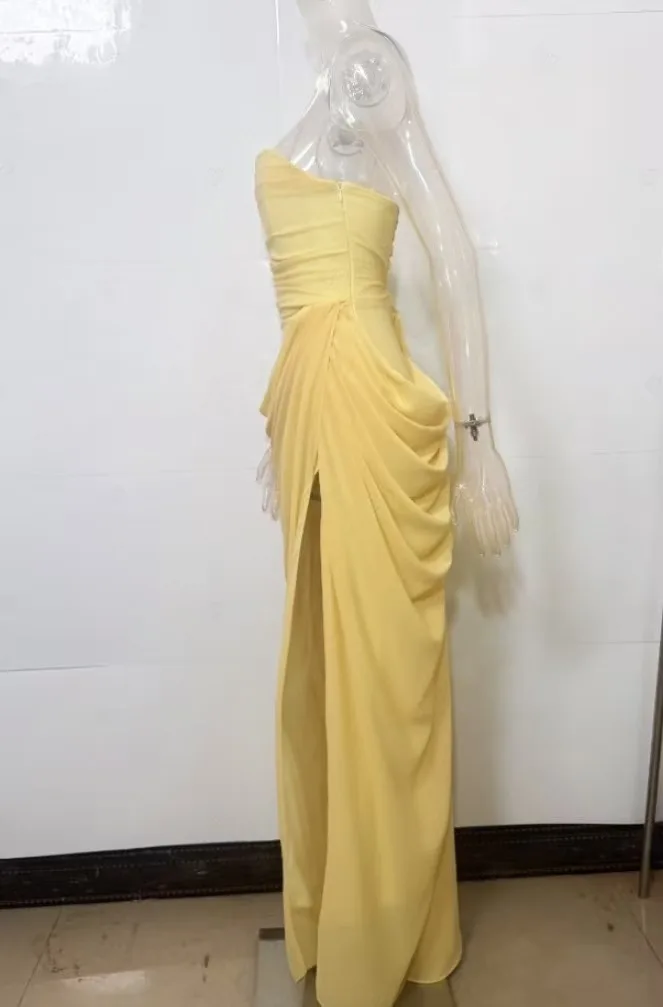 Mingmingxi Spring Summer Yellow Strapless Maxi Dress Ruched High Slit Evening Gown Bodycon Wedding Guest Party Dress Women
