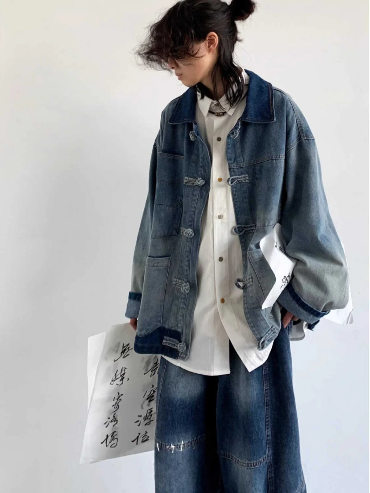 Retro Waed Denim Jaet Loose Fit ex Frühling Herbst Chinesische Nationale Sle Jaet mit Knopfspleißen Trendige Marke