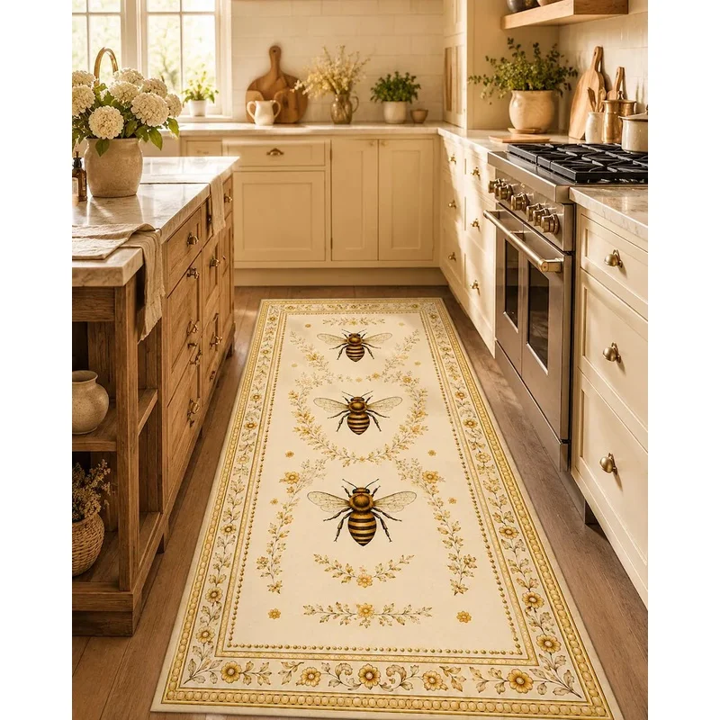 VIKAMA Honeybee Kitchen Mat, Non-Slip Washable Floor Mat, Rustic Farmhouse Decor Rug, Housewarming Gift for Home